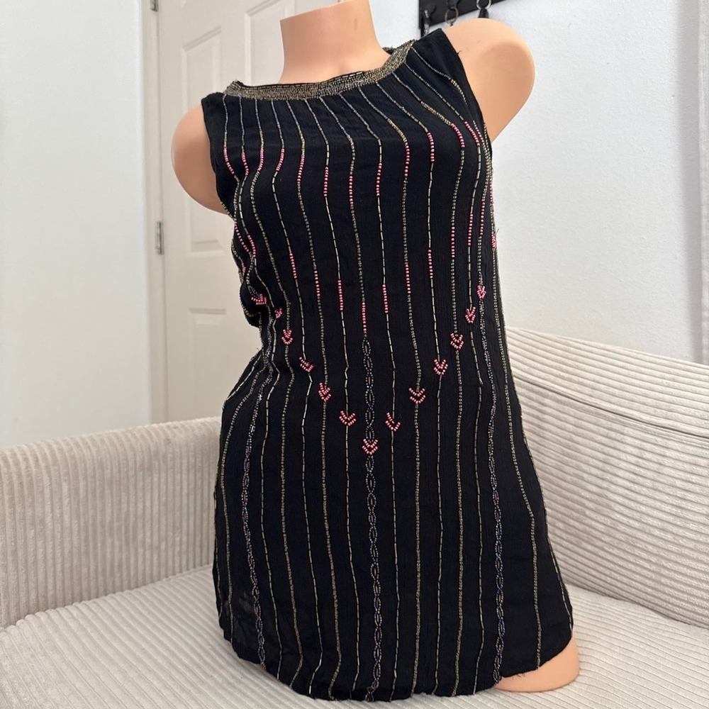 Free People Beaded Mini Dress Black Embroidered Metallic Boho
